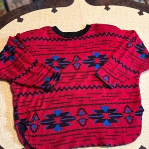 Red and Blue Patterned Women's Crew Neck Sweater